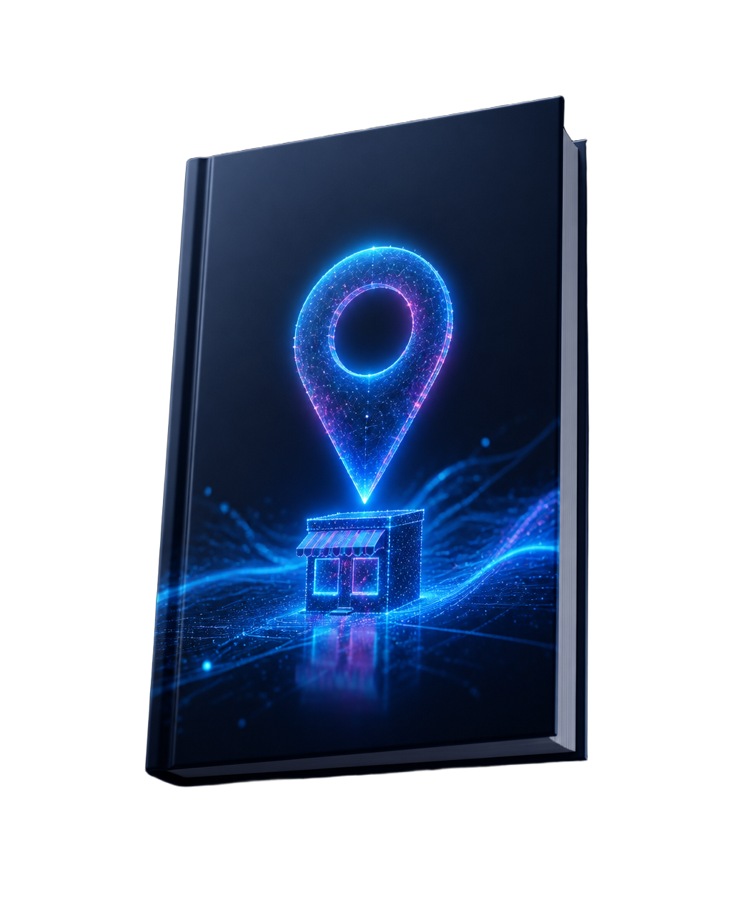 Mockup 3D da capa do e-book Sua Empresa Está Invisível, com um pino de mapa luminoso sobre um pequeno negócio sendo encontrado